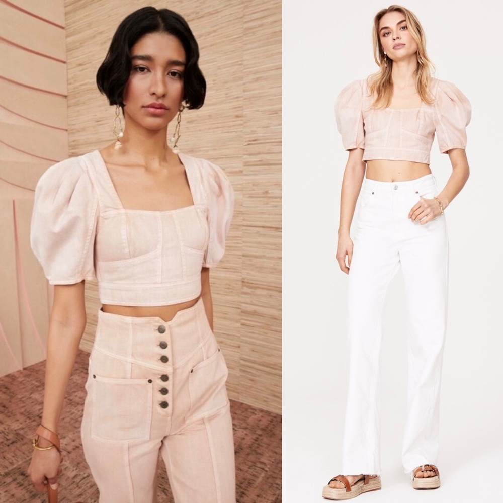 ULLA JOHNSON‎ Square Neck Puff Short Sleeve Coquette Girl Cropped Corset Top 2